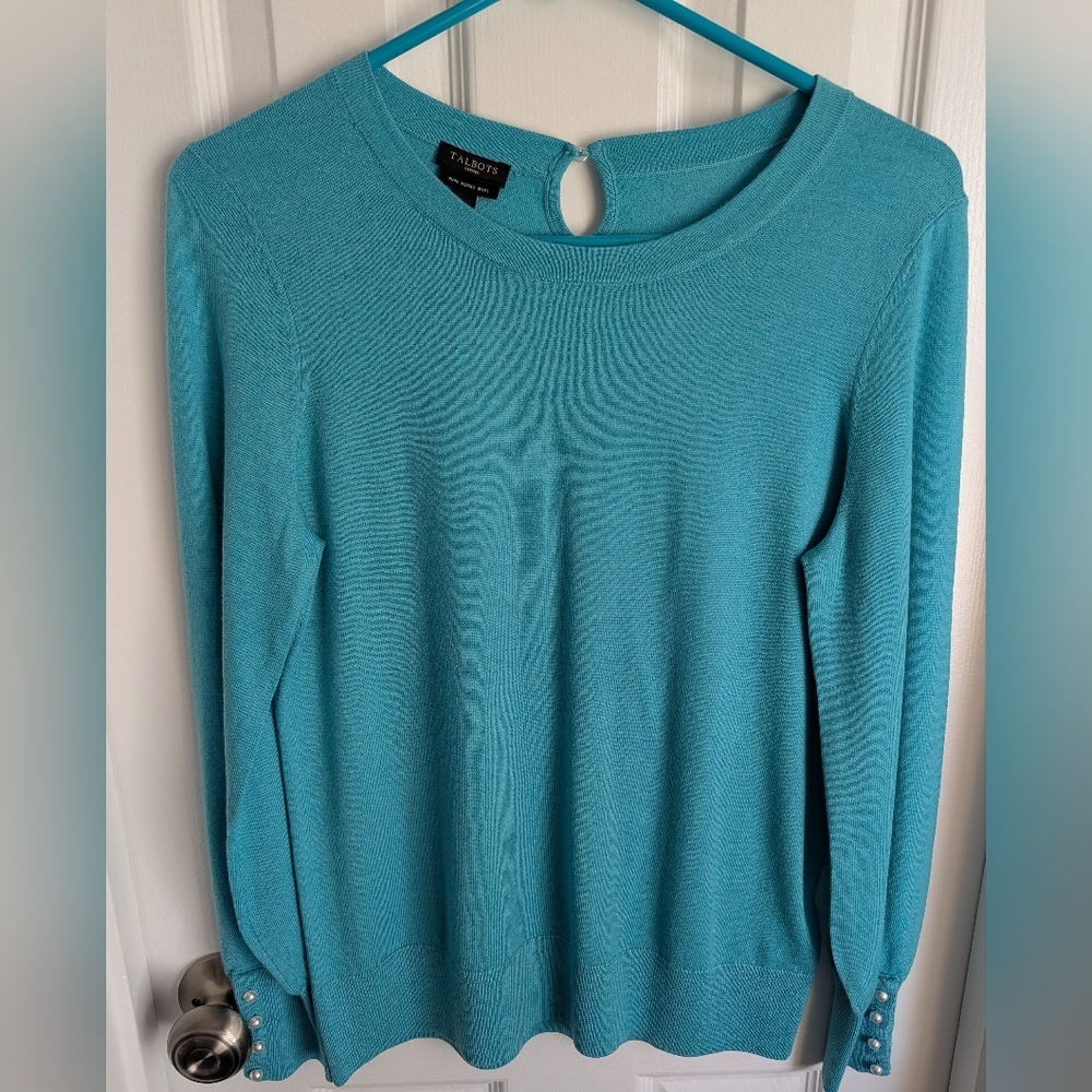 Talbots Merino Wool Turquoise Crewneck Sweater with Cuff Buttons, NWT